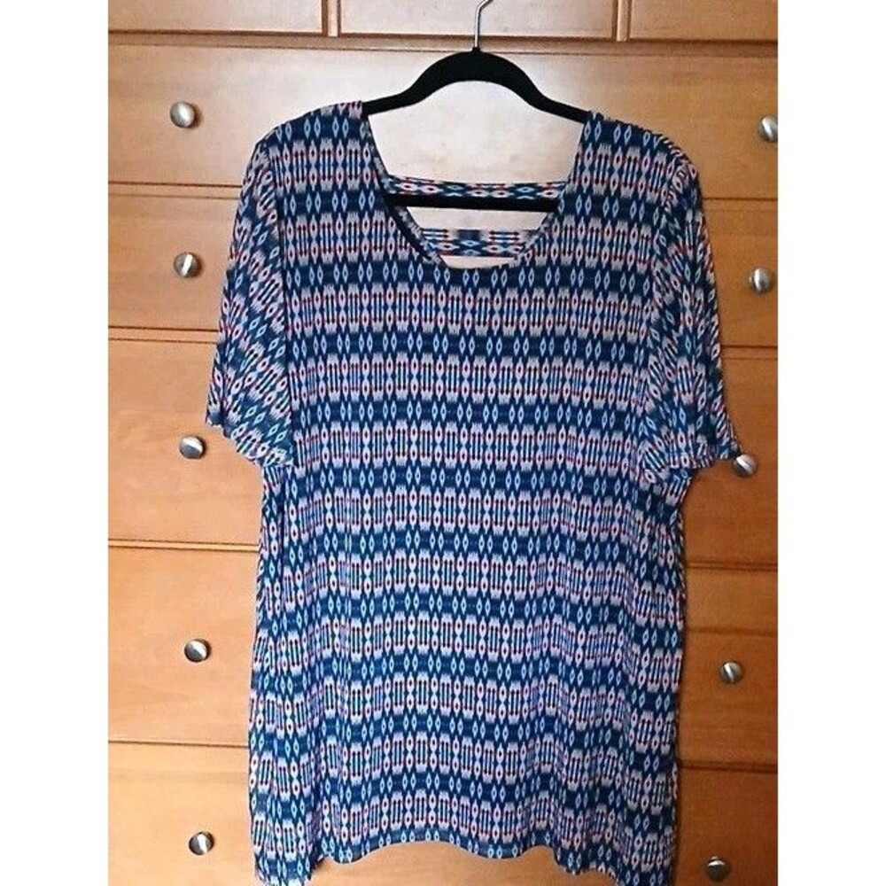 Catherines Womens 1X Cut-Out Geometric Ikat Bell Slv Knit Tunic Navy Red Top